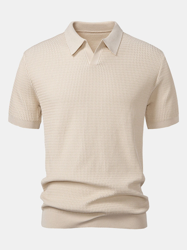 V-Ausschnitt Poloshirt mit Wellen-Jacquard-Strick
