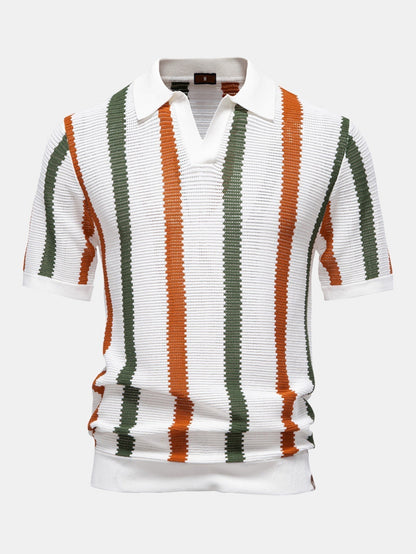 Gestreiftes V-Ausschnitt Strickpolohemd