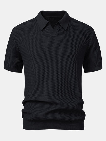 V-Ausschnitt Poloshirt mit Wellen-Jacquard-Strick