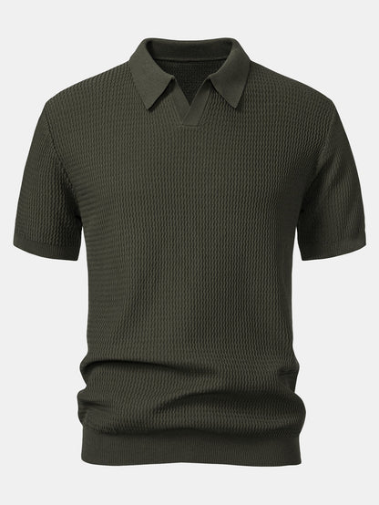V-Ausschnitt Poloshirt mit Wellen-Jacquard-Strick