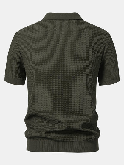 V-Ausschnitt Poloshirt mit Wellen-Jacquard-Strick