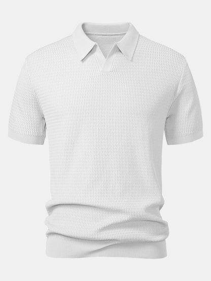 V-Ausschnitt Poloshirt mit Wellen-Jacquard-Strick