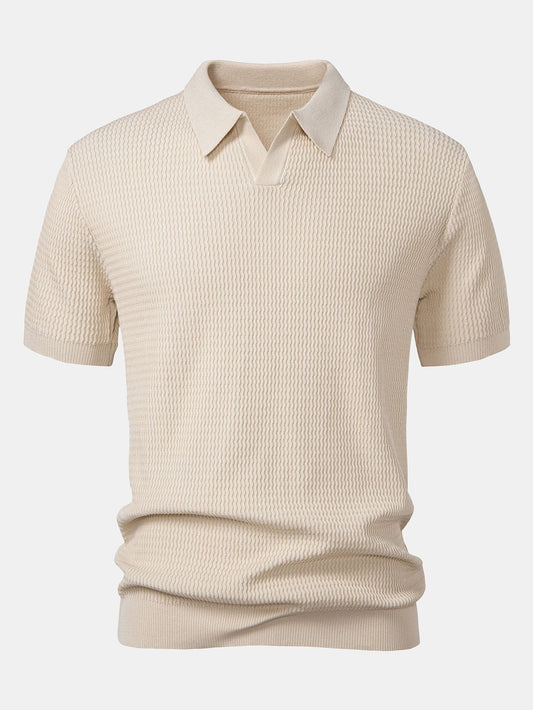 V-Ausschnitt Poloshirt mit Wellen-Jacquard-Strick