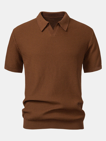 V-Ausschnitt Poloshirt mit Wellen-Jacquard-Strick
