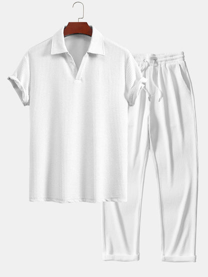 Strukturiertes V-Ausschnitt Polohemd & Hose Set
