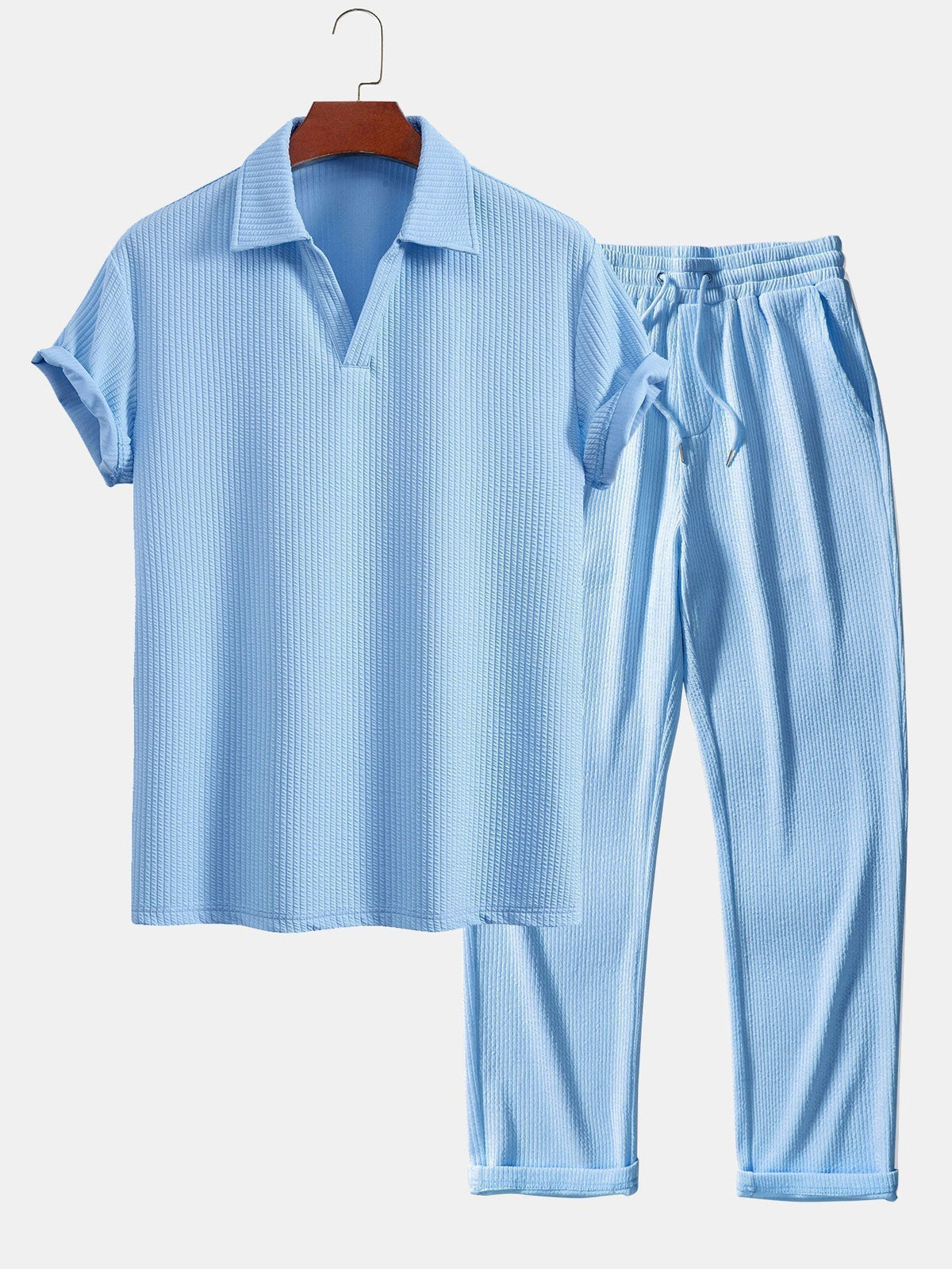 Strukturiertes V-Ausschnitt Polohemd & Hose Set