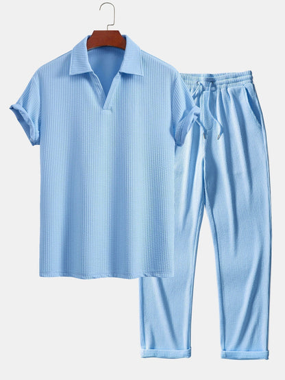 Strukturiertes V-Ausschnitt Polohemd & Hose Set