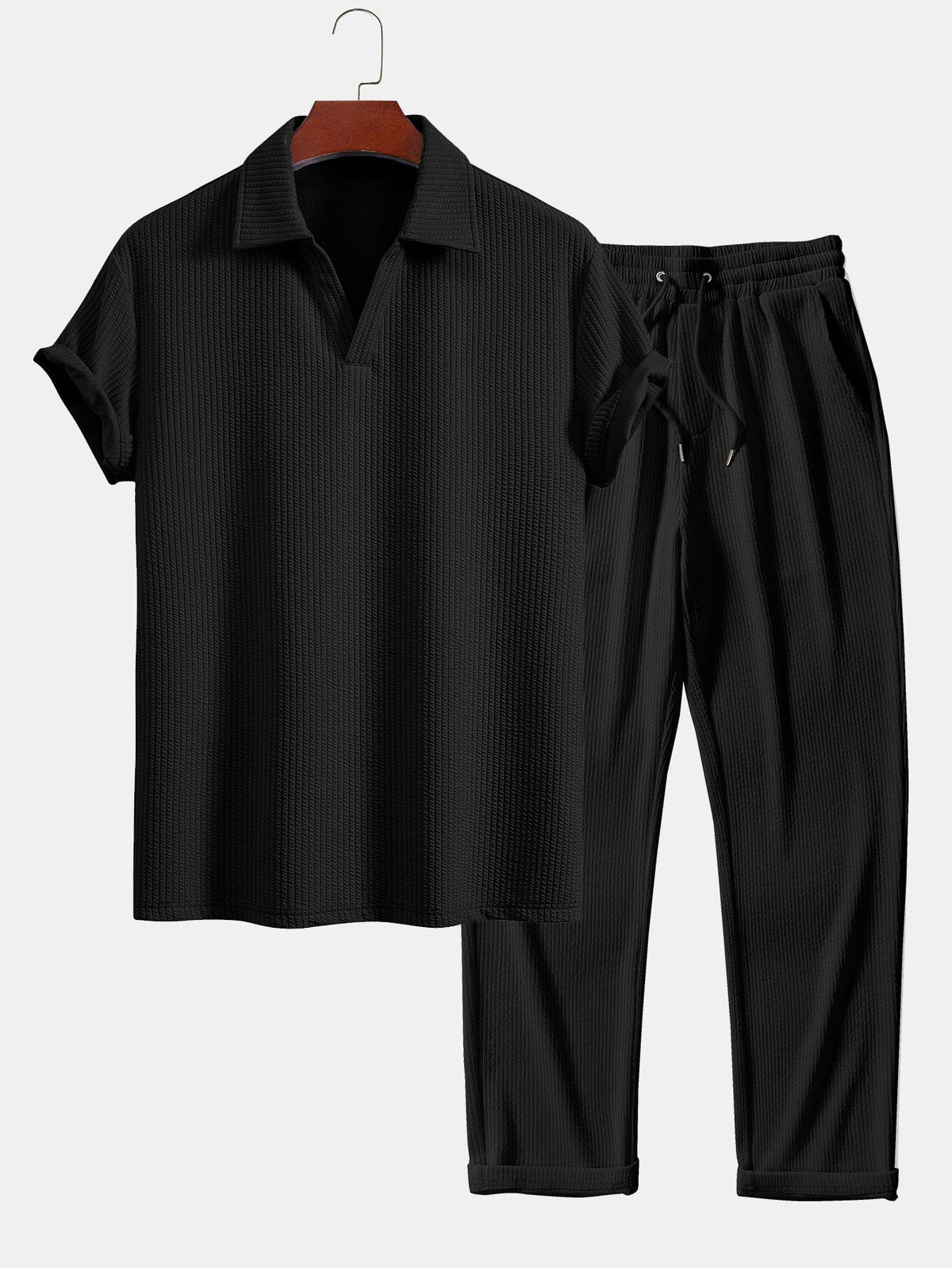 Strukturiertes V-Ausschnitt Polohemd & Hose Set