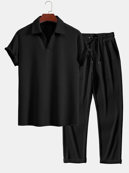 Strukturiertes V-Ausschnitt Polohemd & Hose Set