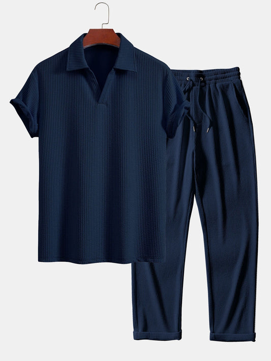 Strukturiertes V-Ausschnitt Polohemd & Hose Set