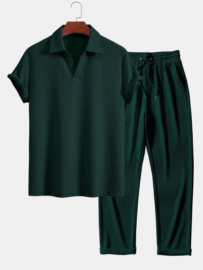 Strukturiertes V-Ausschnitt Polohemd & Hose Set