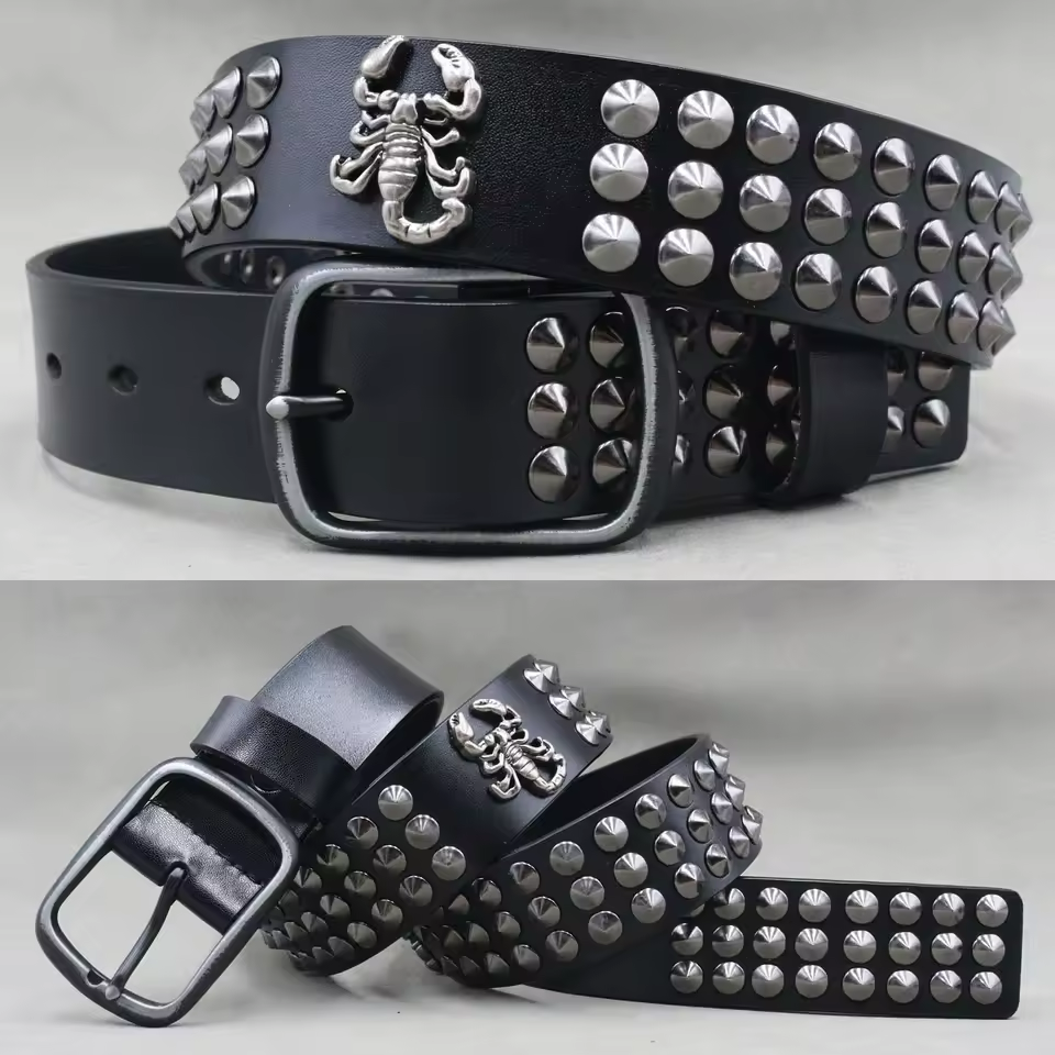 Echtleder-Nieten-Gürtel für Herren – Punk-Totenkopf- & Tiernieten-Gürtel, 3,8 cm