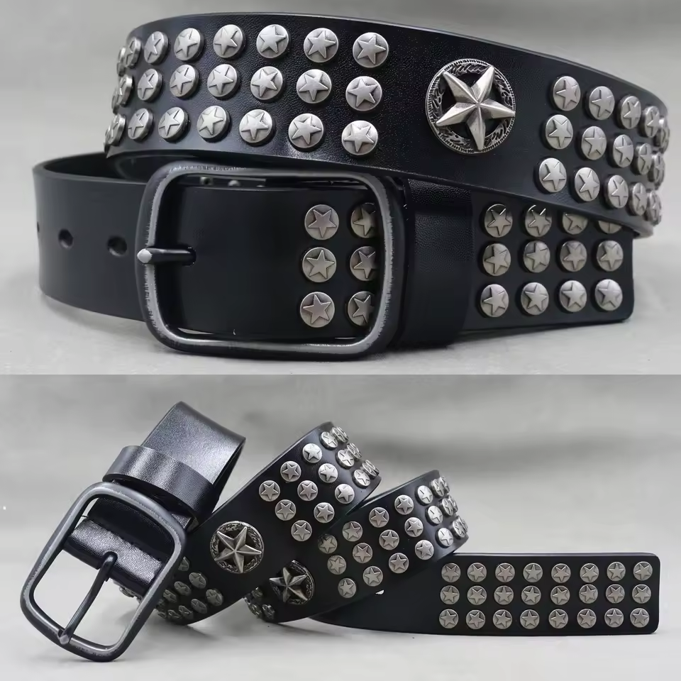 Echtleder-Nieten-Gürtel für Herren – Punk-Totenkopf- & Tiernieten-Gürtel, 3,8 cm