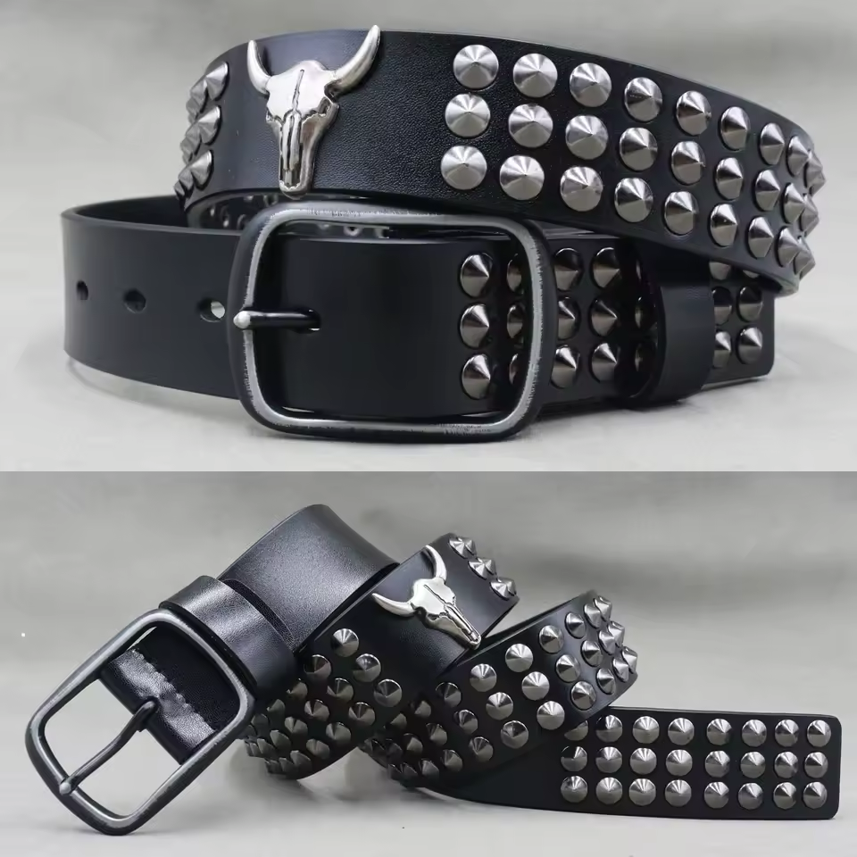 Echtleder-Nieten-Gürtel für Herren – Punk-Totenkopf- & Tiernieten-Gürtel, 3,8 cm