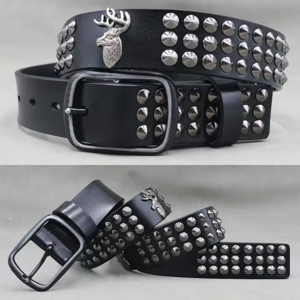 Echtleder-Nieten-Gürtel für Herren – Punk-Totenkopf- & Tiernieten-Gürtel, 3,8 cm